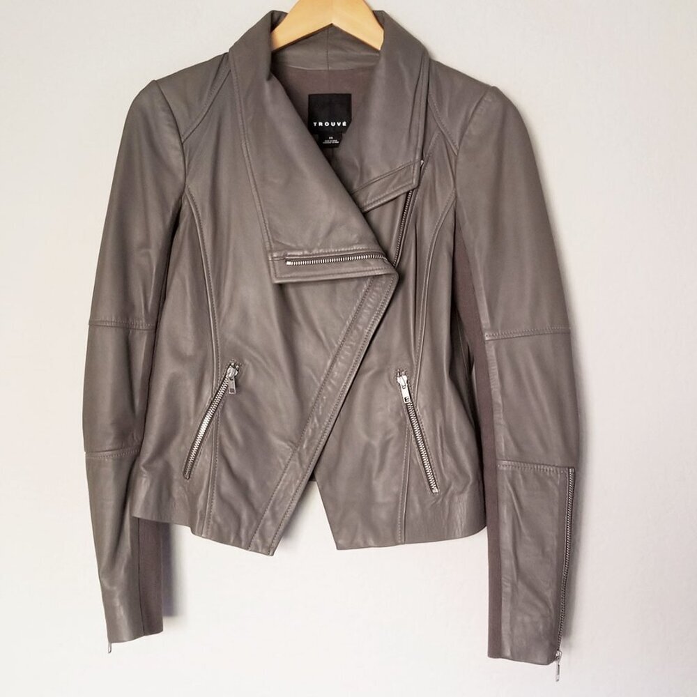 Trouve Asymmetric Drape-Front Soft 100% Genuine Leather Jacket Taupe Gray XS